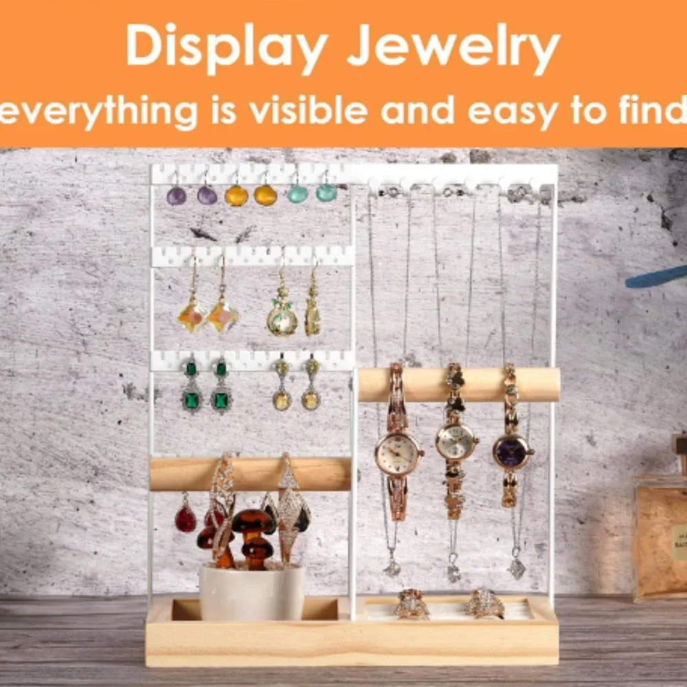 4-Tier Earring Holders & Necklace Towers - Jewelry Organizer w/ Velvet Ring Tray